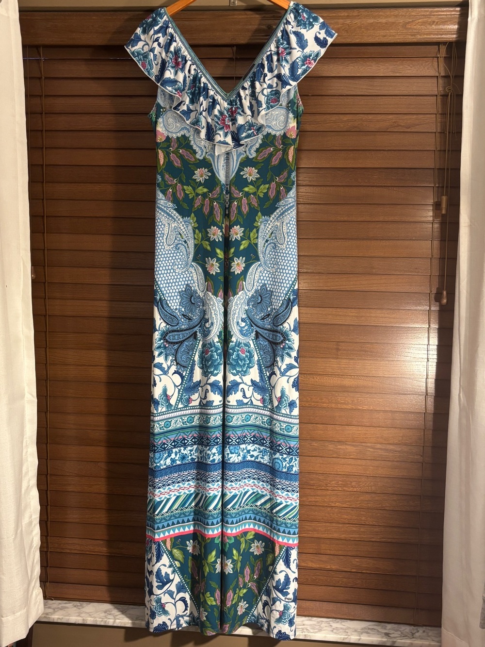 Hale Bob Maxi Dress Boho Scarf Print Blue Green Resort Dress